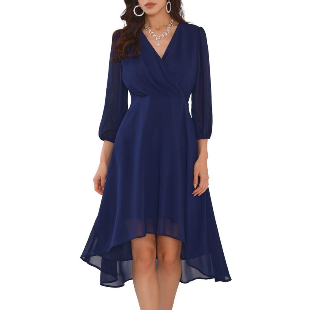 Women's Formal Chiffon Dress Asymmetrical Wedding Guest Midi Dresses Navy Blue